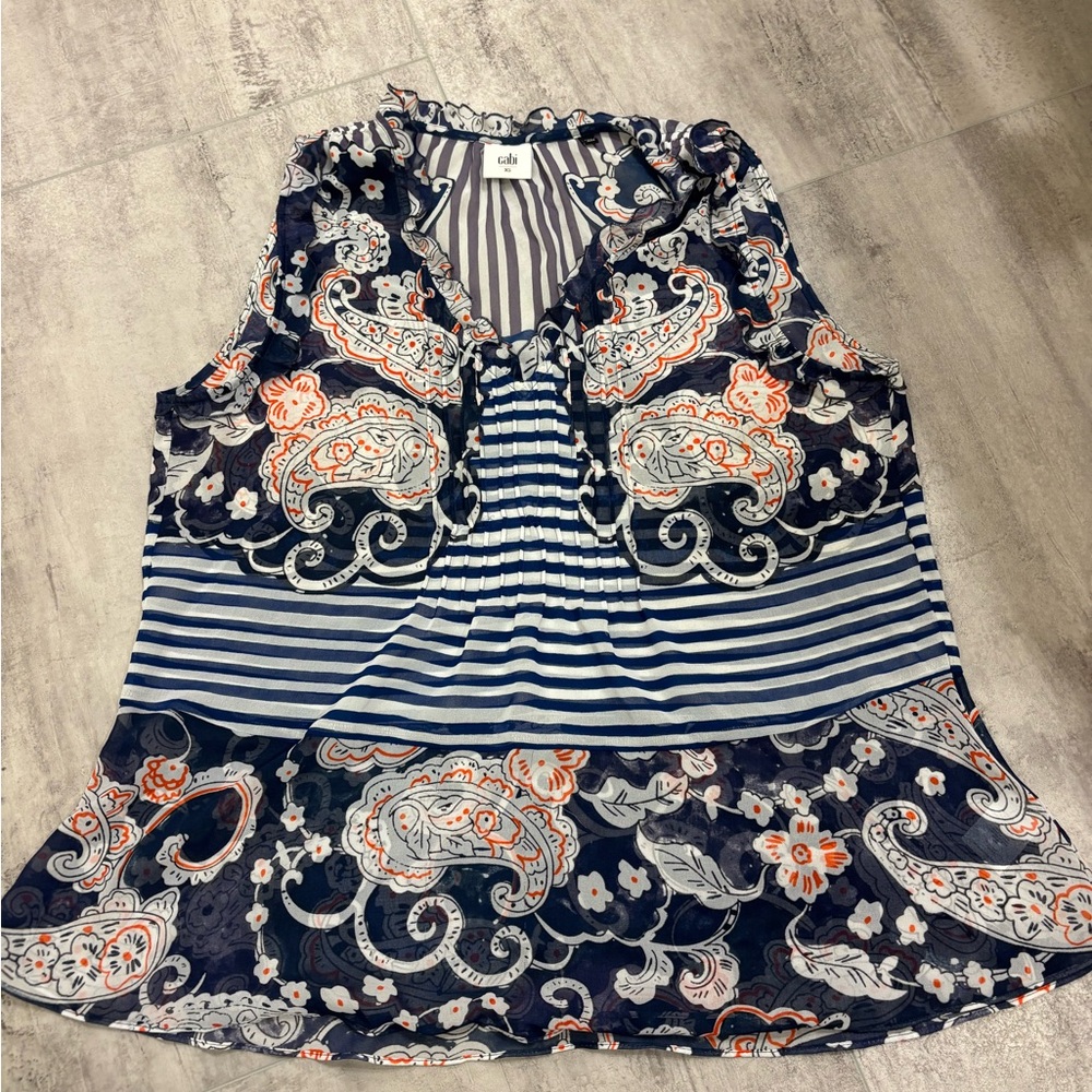 CAbi Blue and Orange Paisley Blouse